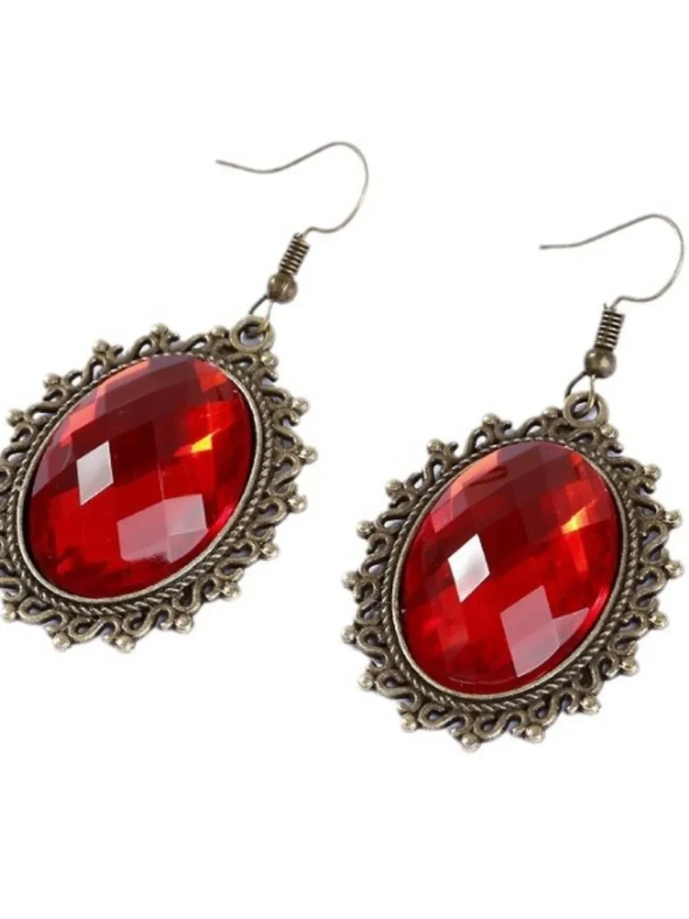 LoreVibe Dark Emerald red Oval Rhinestone Antique Metal Lace Frame Drop Pierce
